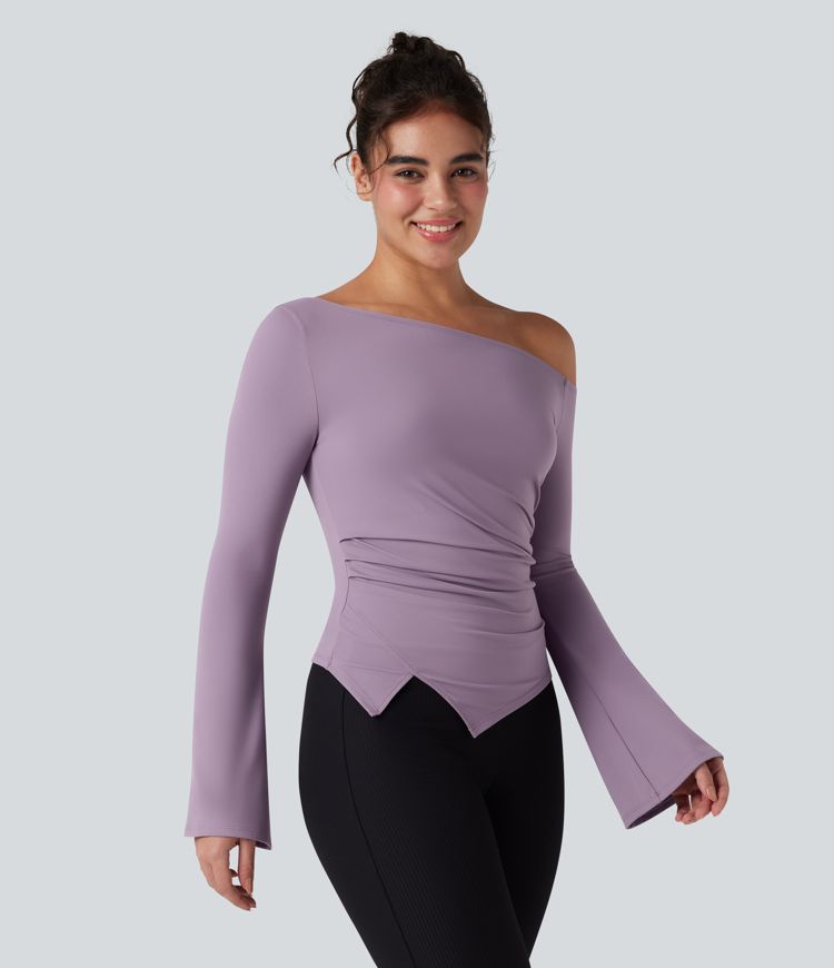 SoftlyZero™ Plush One Shoulder Long Sleeve Ruched Asymmetric Hem Yoga Sports Top