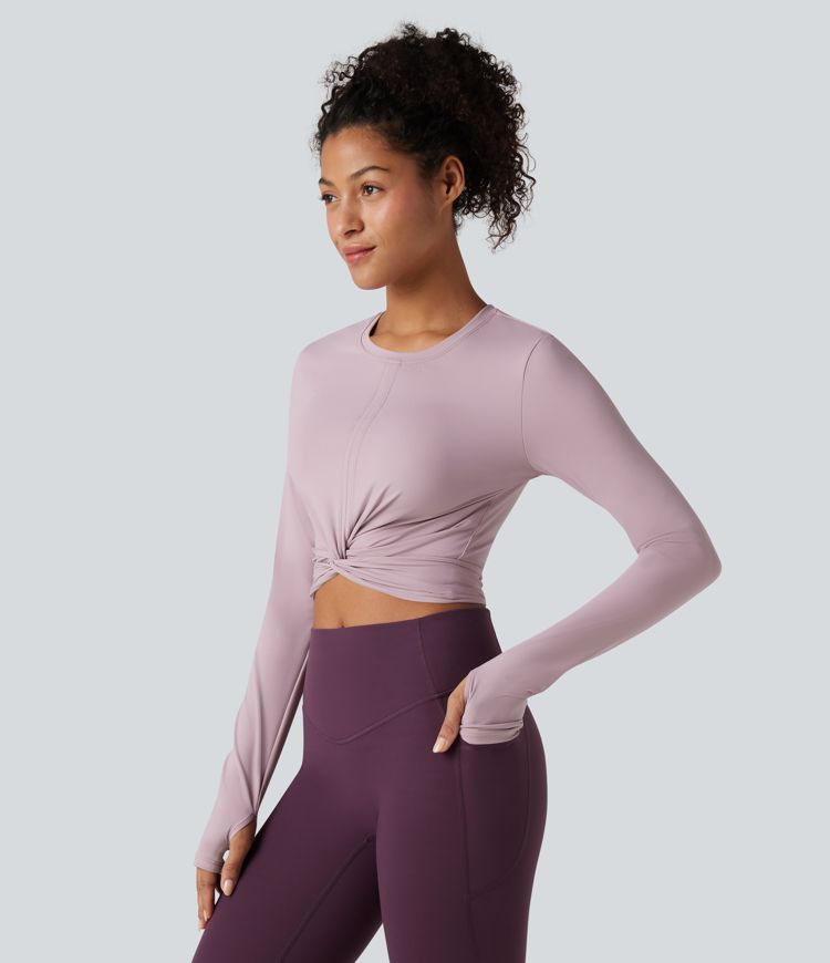 SoftlyZero™ Airy Round Neck Long Sleeve Thumb Hole Tie Back Cool Touch Cropped Yoga Top