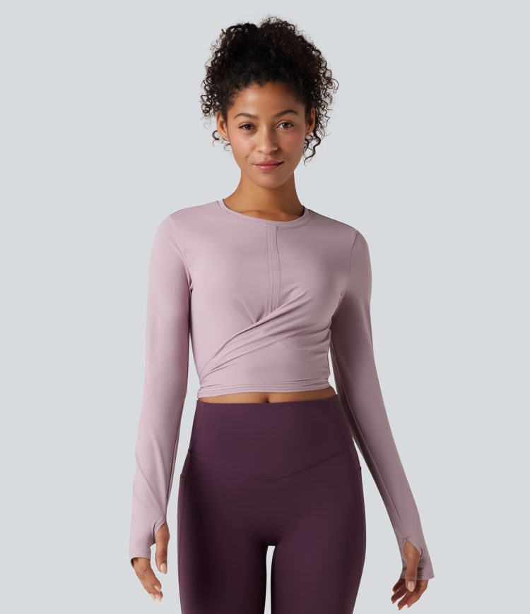 SoftlyZero™ Airy Round Neck Long Sleeve Thumb Hole Tie Back Cool Touch Cropped Yoga Top