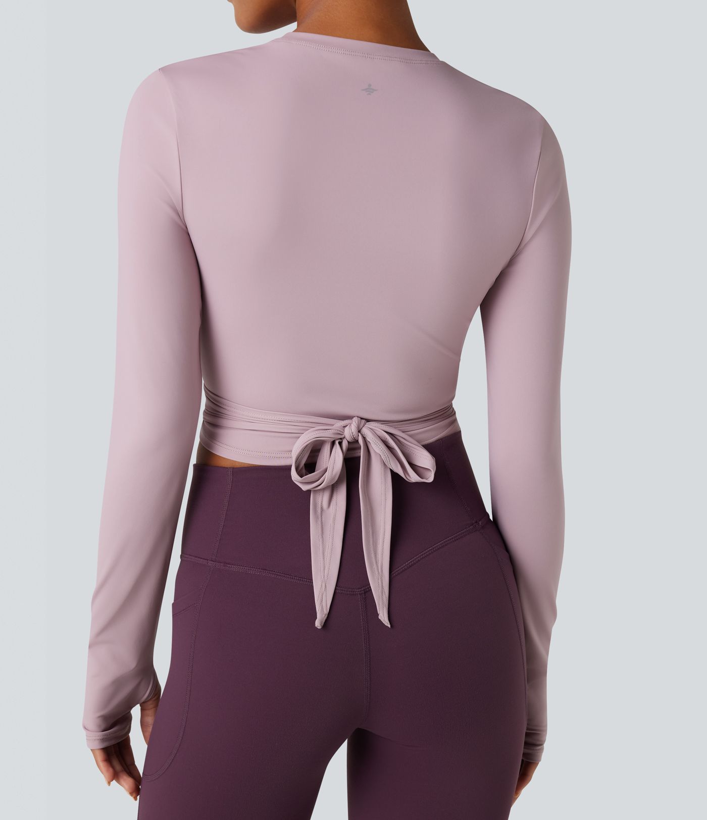 SoftlyZero™ Airy Round Neck Long Sleeve Thumb Hole Tie Back Cool Touch Cropped Yoga Top