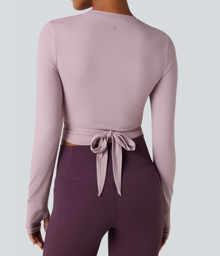 SoftlyZero™ Airy Round Neck Long Sleeve Thumb Hole Tie Back Cool Touch Cropped Yoga Top