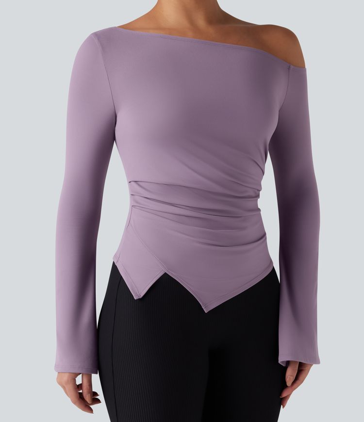 SoftlyZero™ Plush One Shoulder Long Sleeve Ruched Asymmetric Hem Yoga Sports Top
