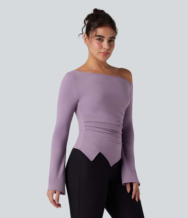 SoftlyZero™ Plush One Shoulder Long Sleeve Ruched Asymmetric Hem Yoga Sports Top