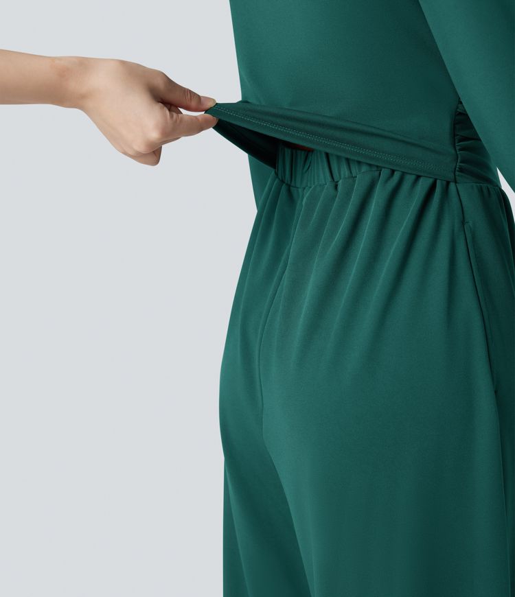 Square Neck Long Sleeve Work Jumpsuit with Pockets-Easy Peezy Edition