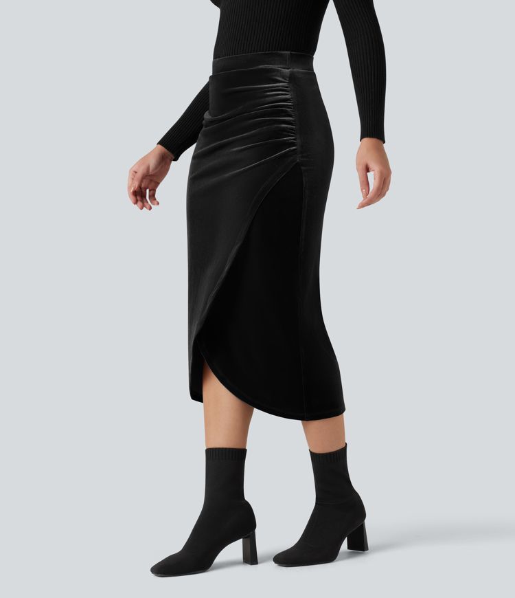 Fustă midi din catifea, cu talie înaltă, croială tip lalea, pentru ținute casual