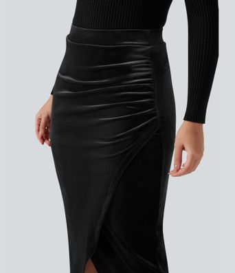 Fustă midi din catifea, cu talie înaltă, croială tip lalea, pentru ținute casual