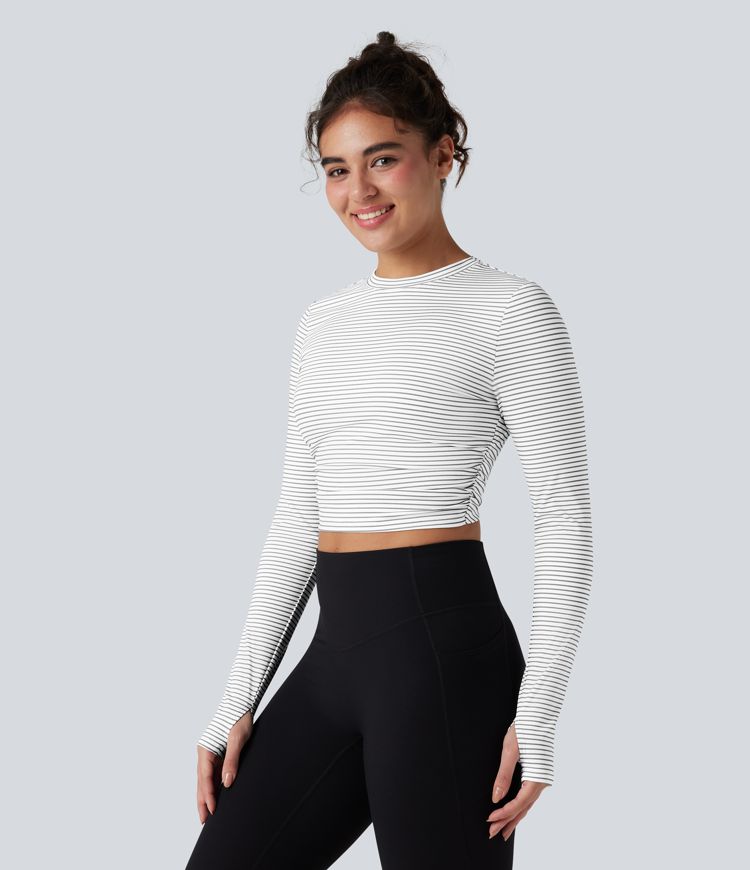Top de sport yoga court rayé froncé col rond manches longues avec trous pouces
