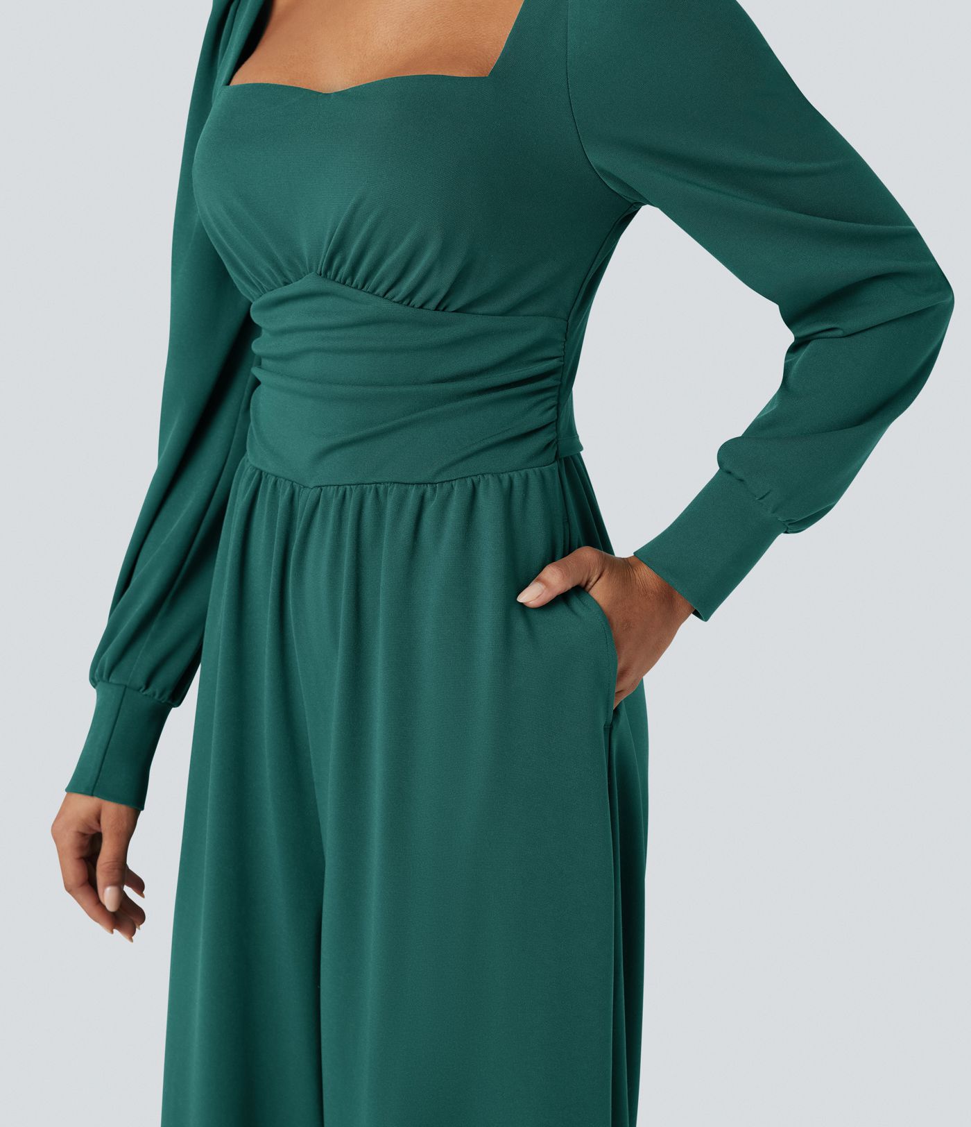 Square Neck Long Sleeve Work Jumpsuit with Pockets-Easy Peezy Edition