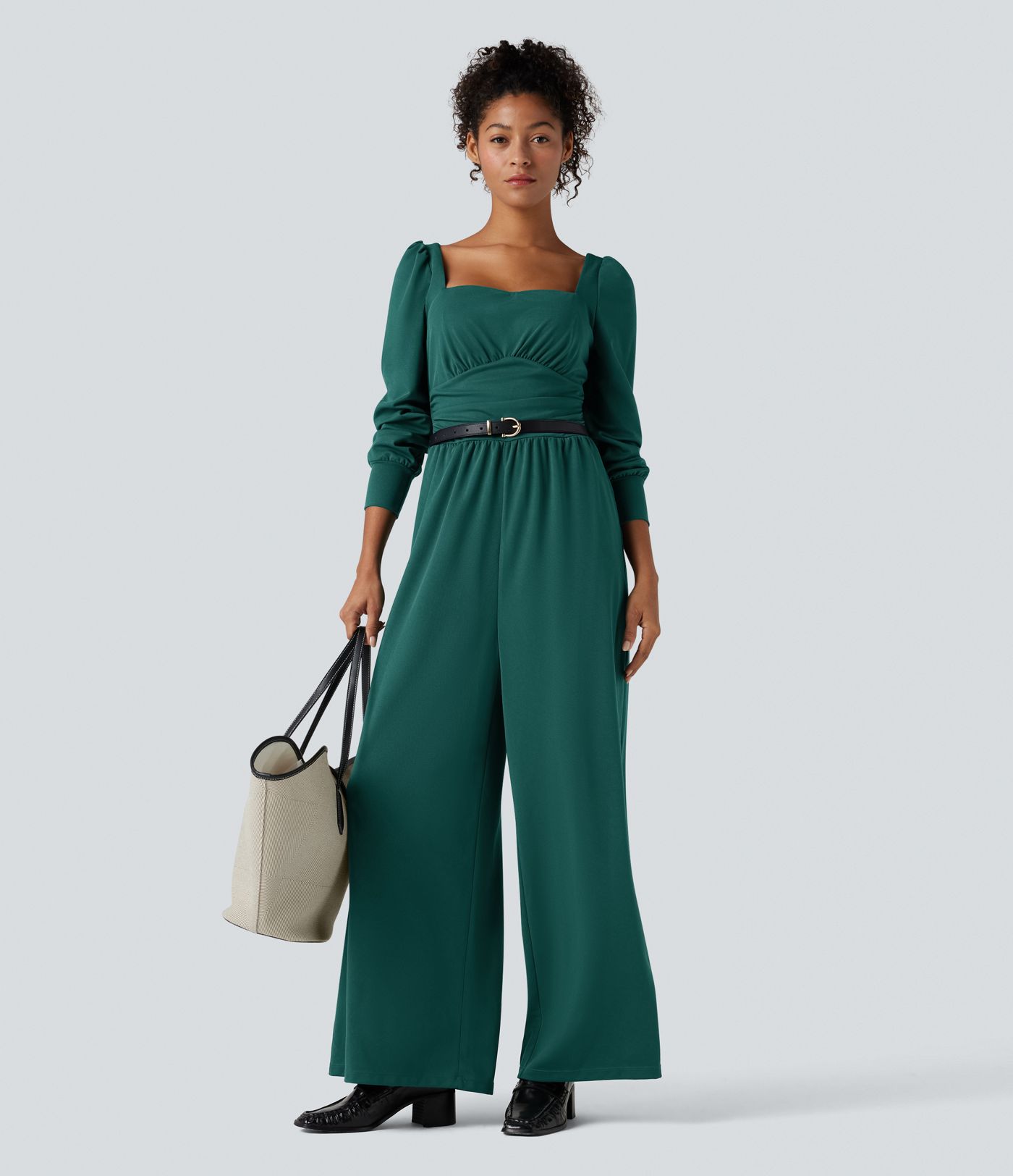 Square Neck Long Sleeve Work Jumpsuit with Pockets-Easy Peezy Edition