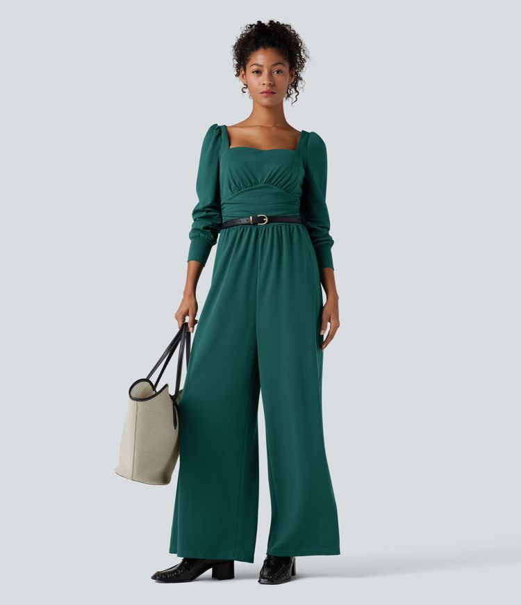 Square Neck Long Sleeve Work Jumpsuit with Pockets-Easy Peezy Edition