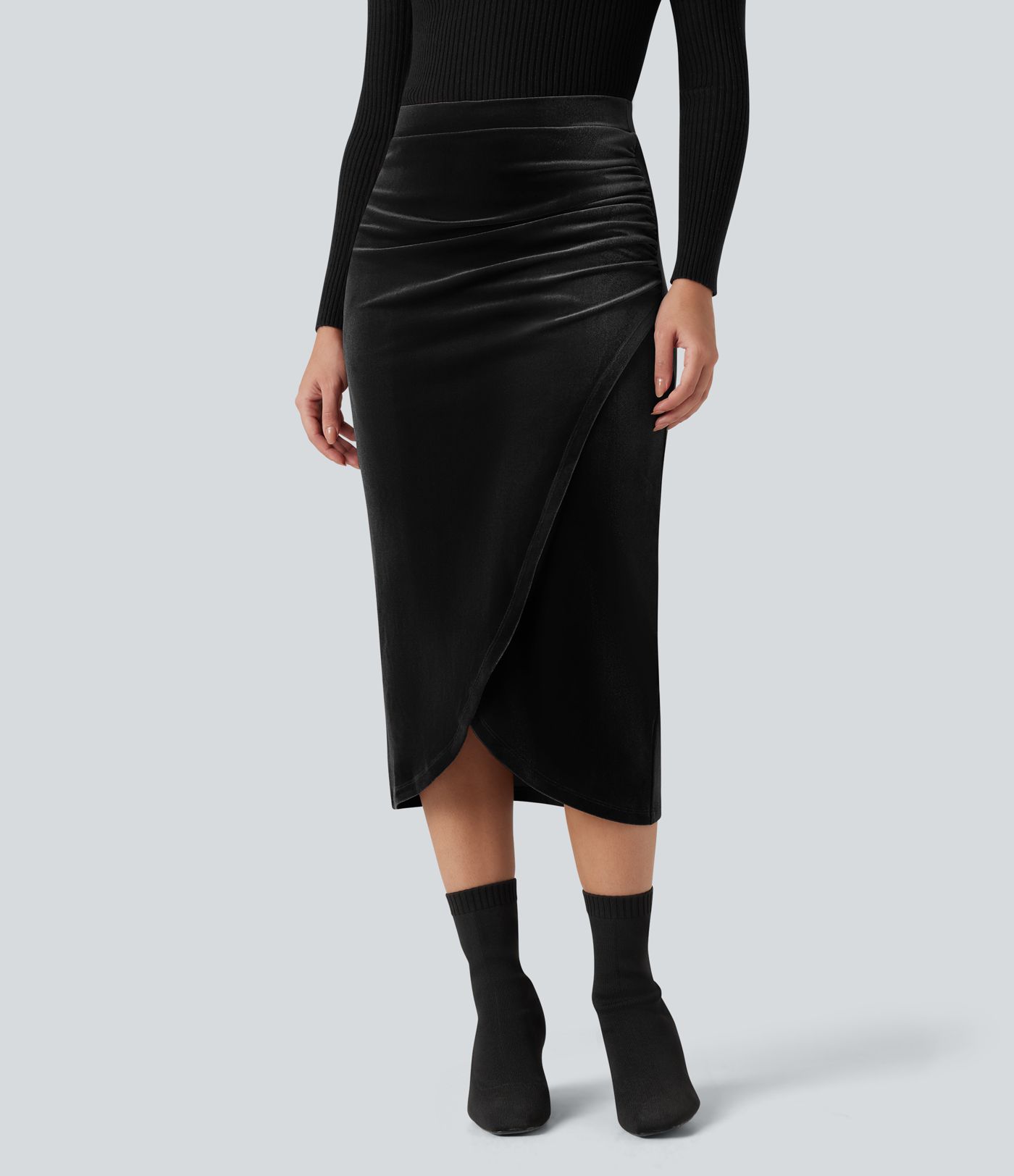 Fustă midi din catifea, cu talie înaltă, croială tip lalea, pentru ținute casual