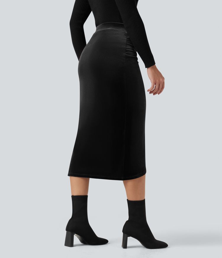 Fustă midi din catifea, cu talie înaltă, croială tip lalea, pentru ținute casual