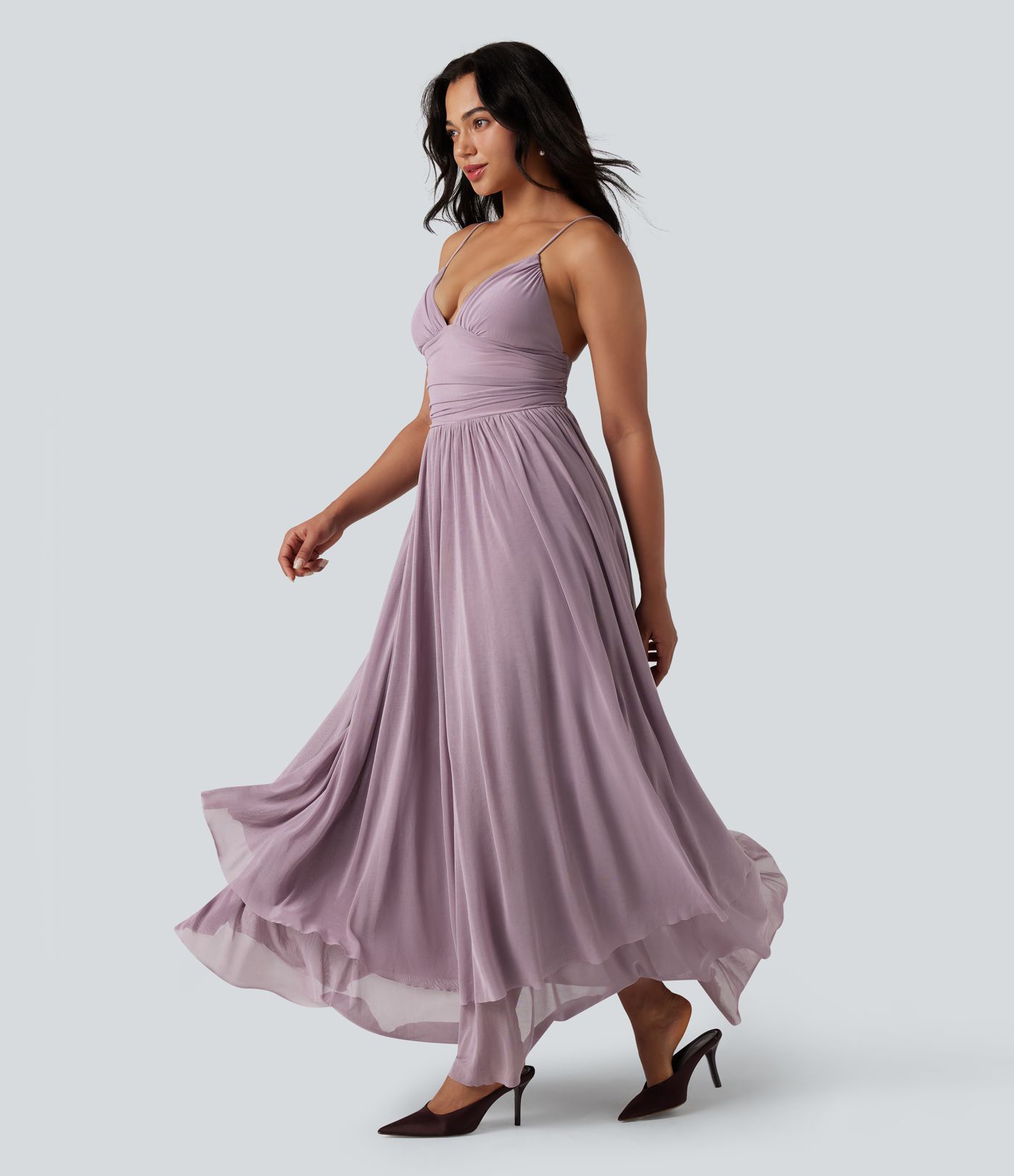 Built-in Bra Lace Up Mesh Layered Maxi Dress