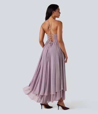 Built-in Bra Lace Up Mesh Layered Maxi Dress