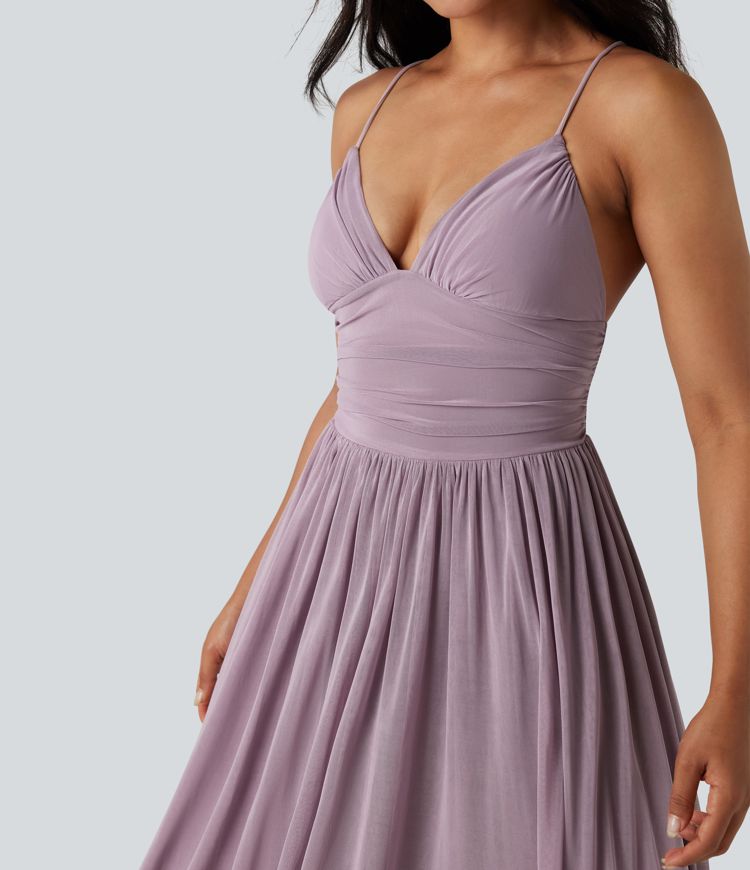 Built-in Bra Lace Up Mesh Layered Maxi Dress