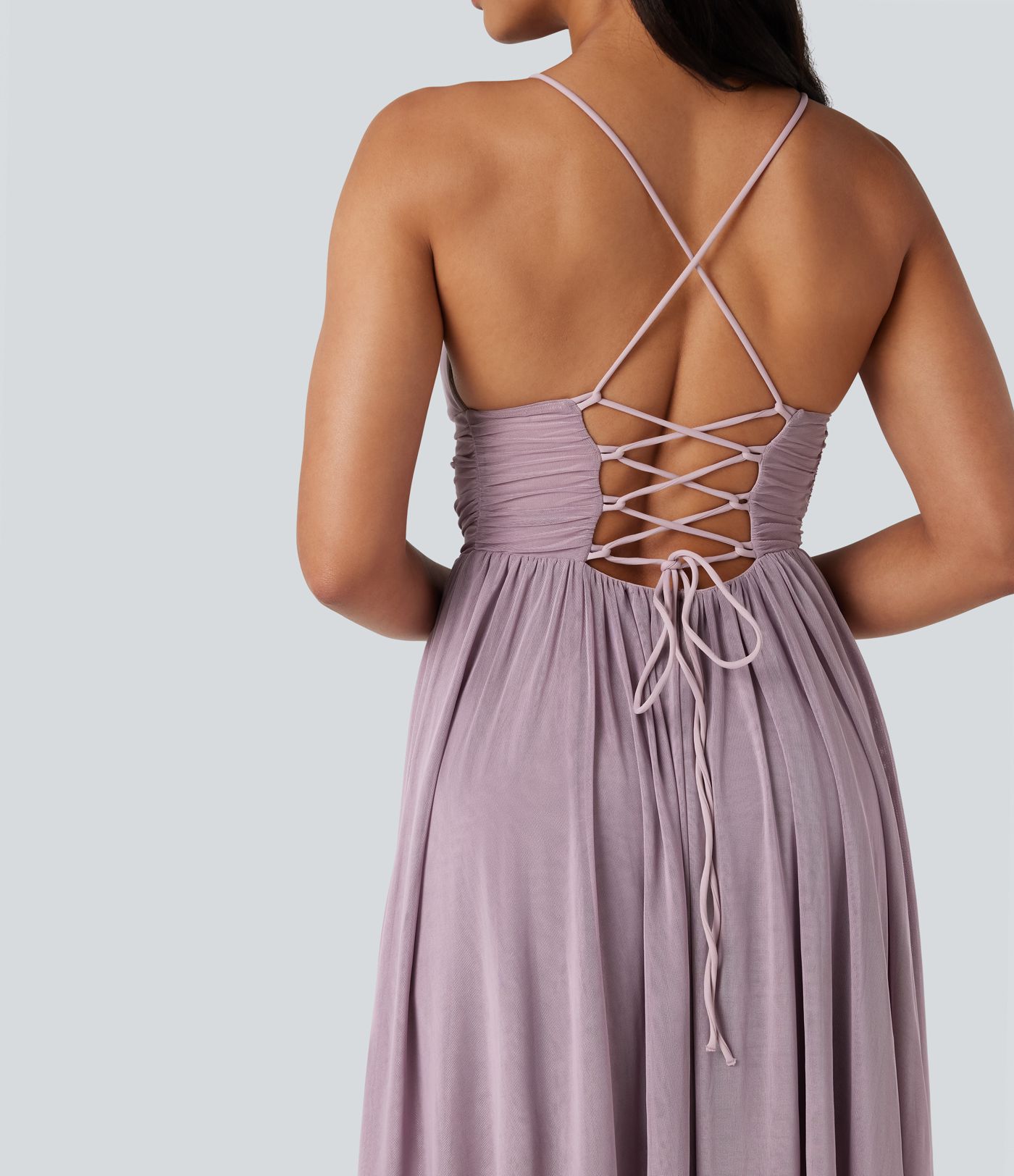Built-in Bra Lace Up Mesh Layered Maxi Dress