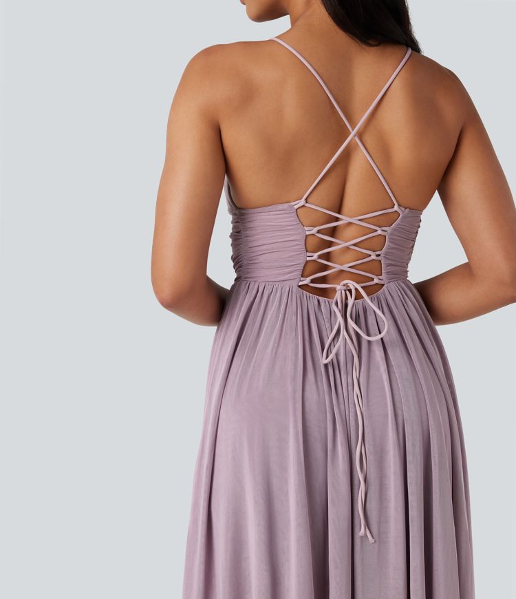 Built-in Bra Lace Up Mesh Layered Maxi Dress