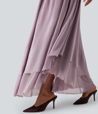 Built-in Bra Lace Up Mesh Layered Maxi Dress
