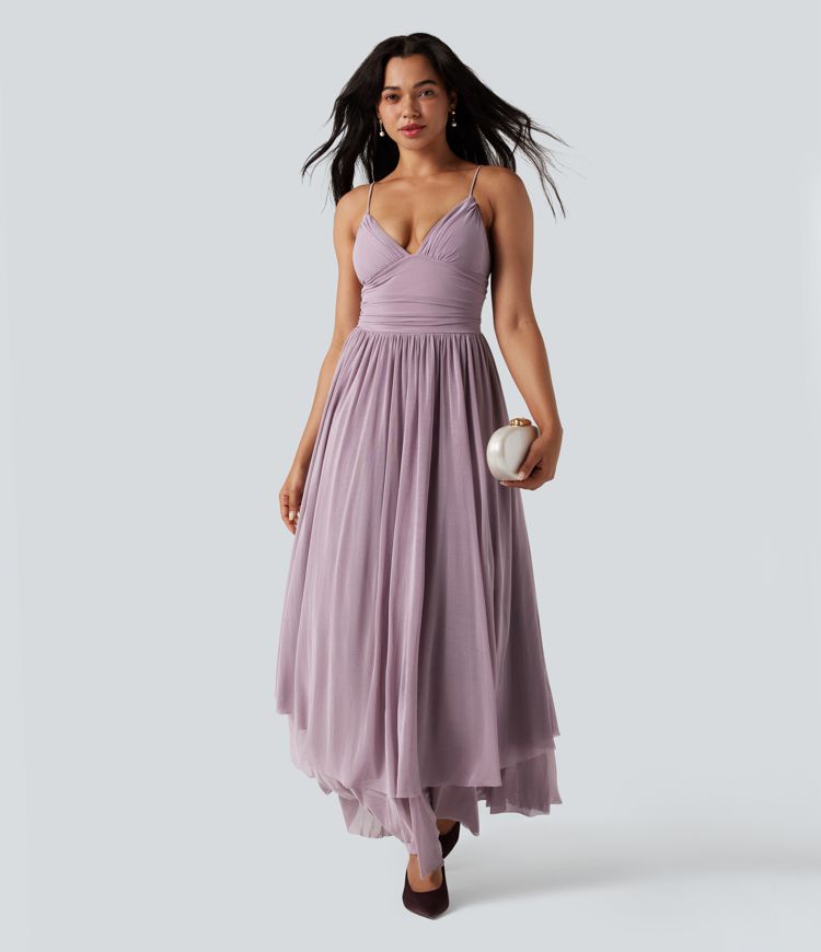 Built-in Bra Lace Up Mesh Layered Maxi Dress