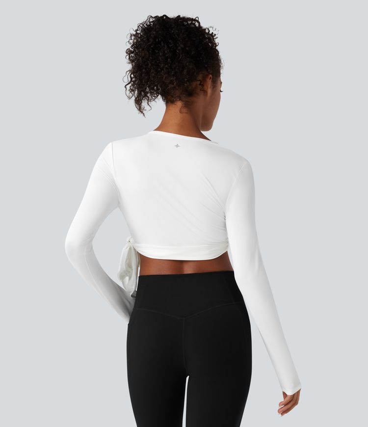 Round Neck Long Sleeve Tie Back Cropped Yoga Sports Top