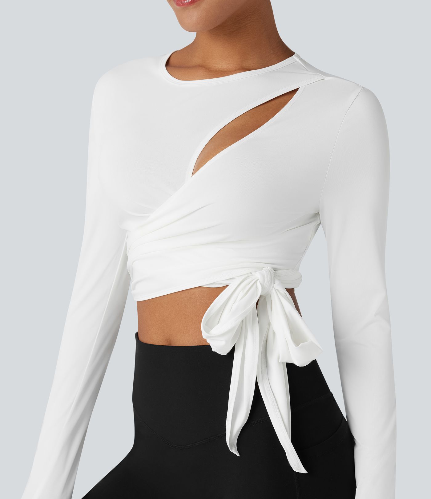 Round Neck Long Sleeve Tie Back Cropped Yoga Sports Top