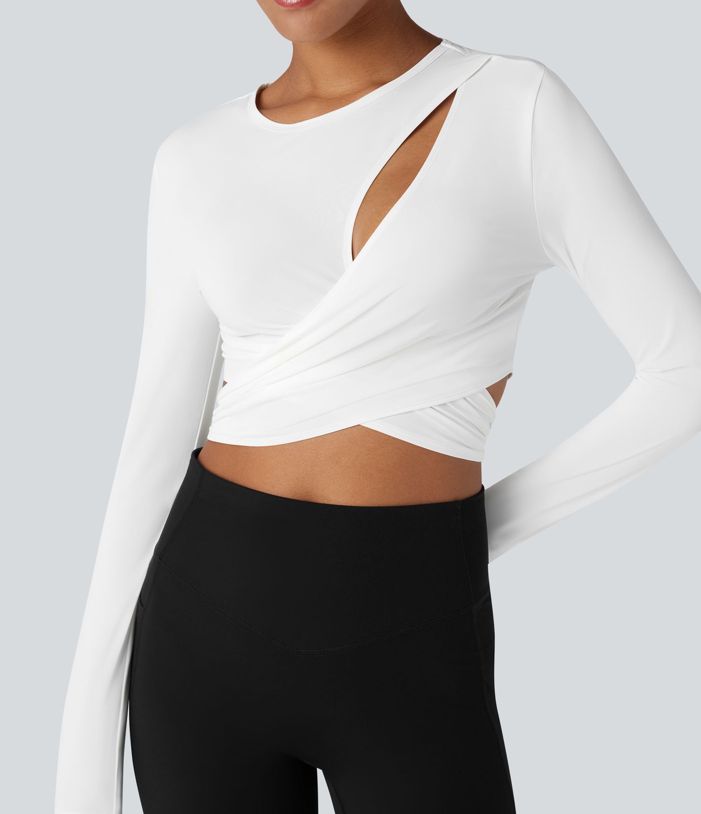 Round Neck Long Sleeve Tie Back Cropped Yoga Sports Top
