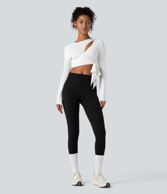 Round Neck Long Sleeve Tie Back Cropped Yoga Sports Top