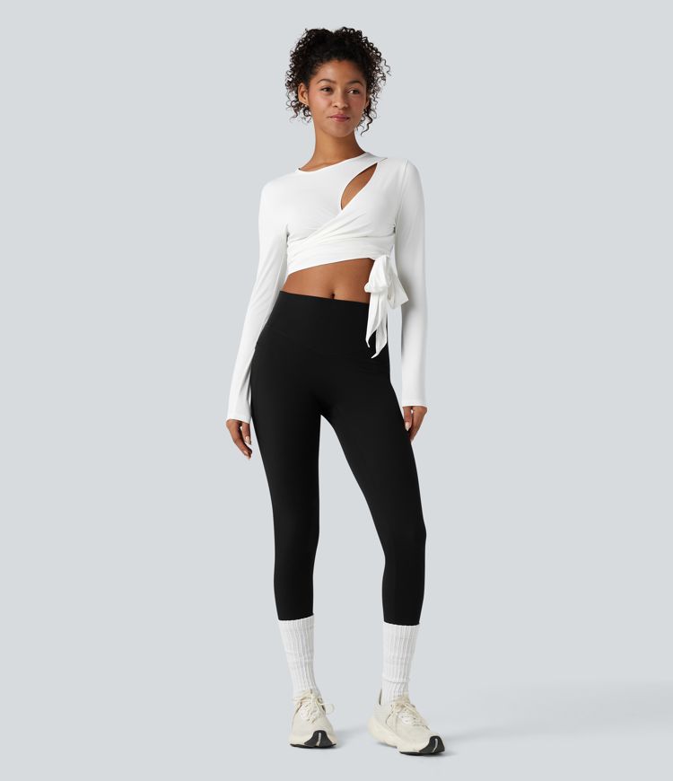 Round Neck Long Sleeve Tie Back Cropped Yoga Sports Top