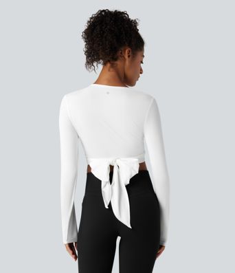 Round Neck Long Sleeve Tie Back Cropped Yoga Sports Top