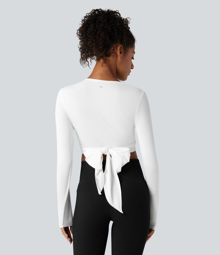 Round Neck Long Sleeve Tie Back Cropped Yoga Sports Top