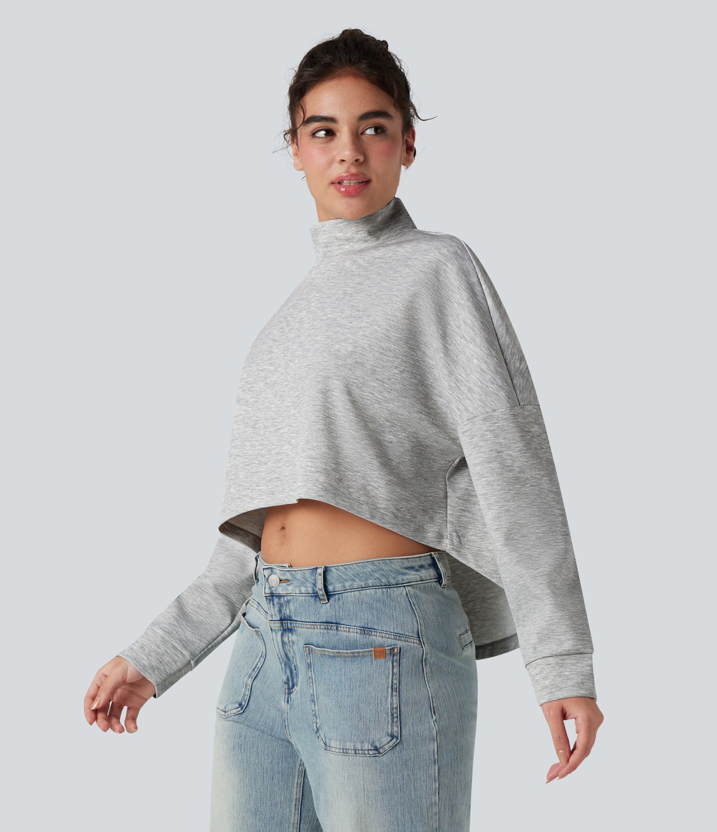 High-neck Long Sleeve High Low Oversized Casual Sweatshirt