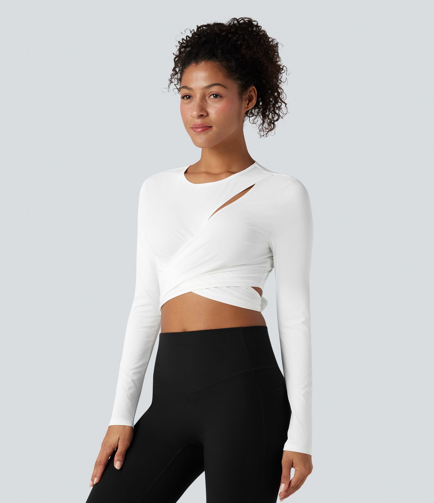 Round Neck Long Sleeve Tie Back Cropped Yoga Sports Top
