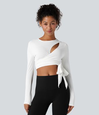 Round Neck Long Sleeve Tie Back Cropped Yoga Sports Top