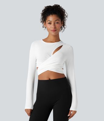 Round Neck Long Sleeve Tie Back Cropped Yoga Sports Top