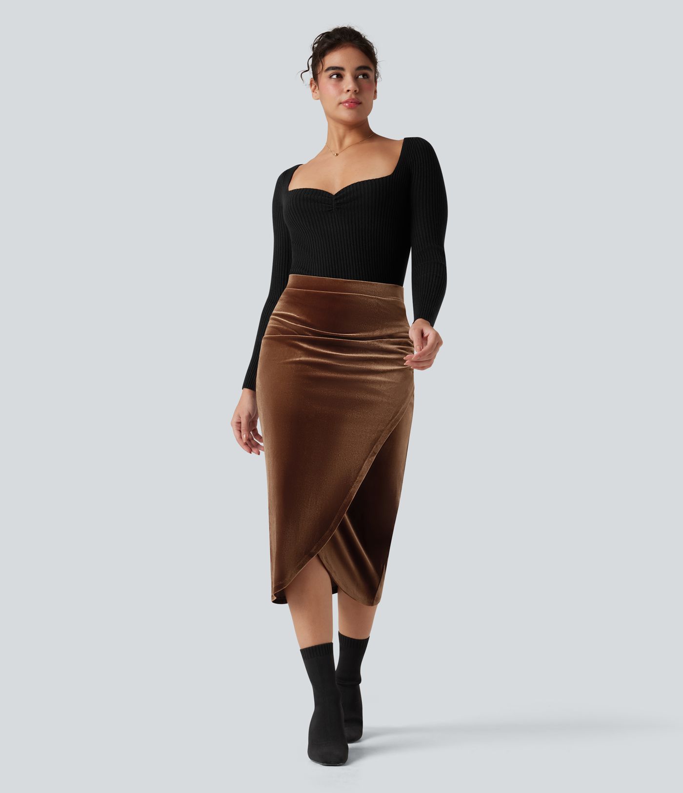 High Waisted Midi Velvet Casual Tulip Skirt