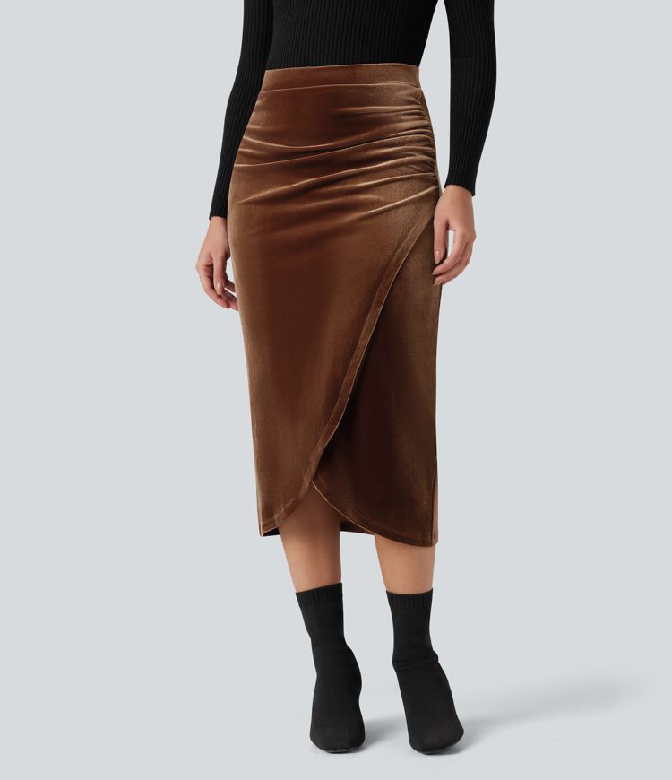 Jupe tulipe mi-longue velours taille haute
