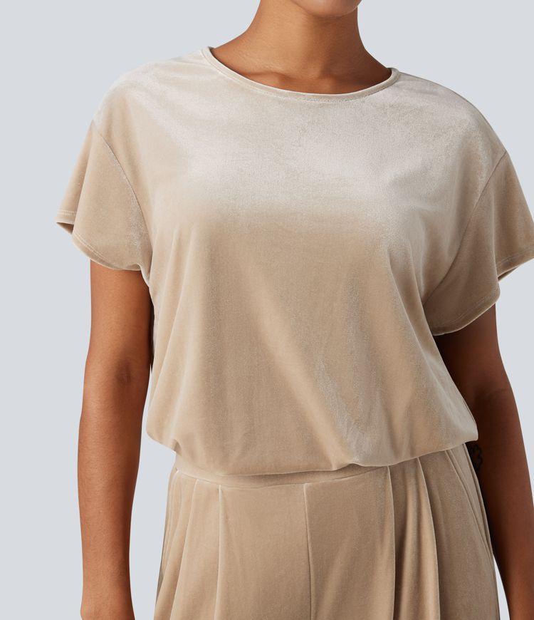 Combinaison tailleur velours col rond manches courtes avec poches