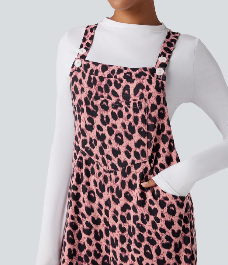 Leopard Print Waffle Women Casual Overalls with Pockets