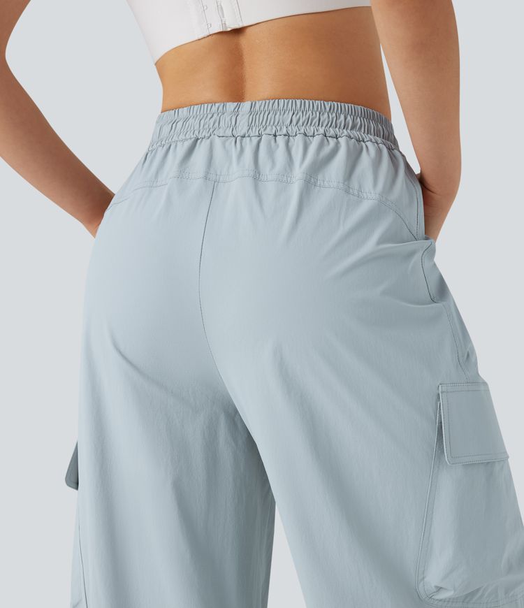 Mid Rise Drawstring Hiking Straight Leg Cargo Pants with Pockets-UPF40+
