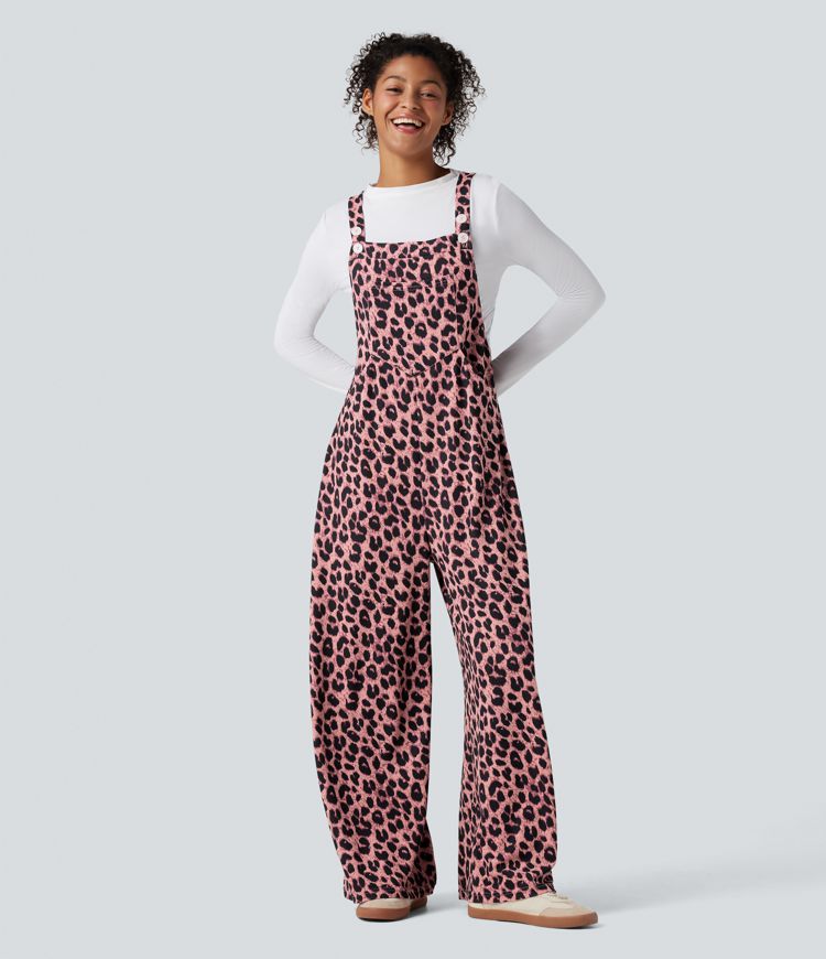 Leopard Print Waffle Women Casual Overalls with Pockets