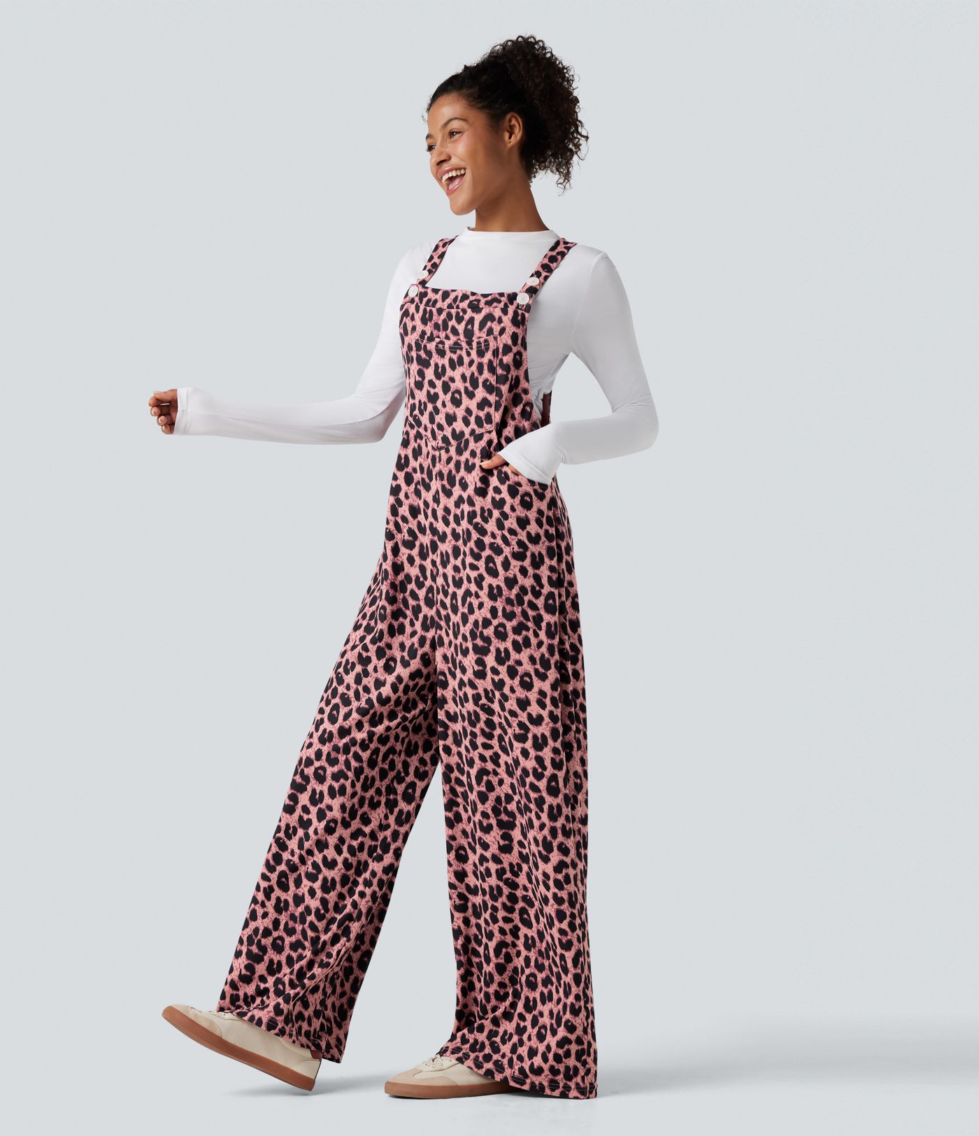Leopard Print Waffle Women Casual Overalls with Pockets
