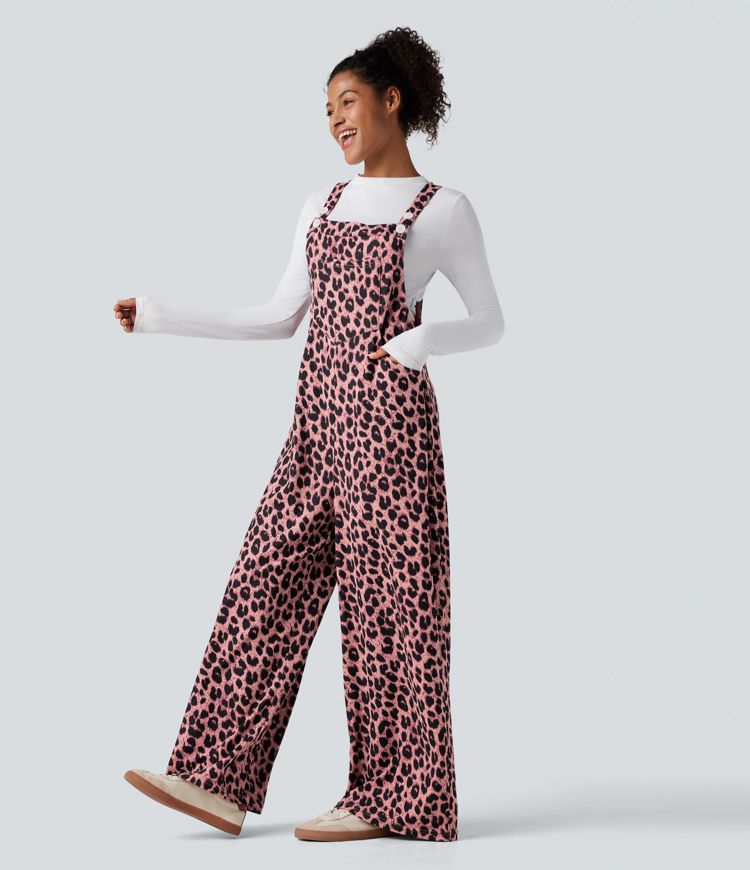 Leopard Print Waffle Women Casual Overalls with Pockets
