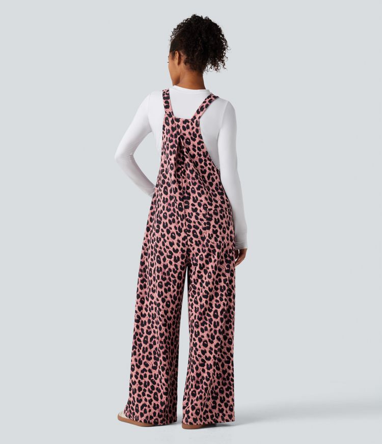 Leopard Print Waffle Women Casual Overalls with Pockets