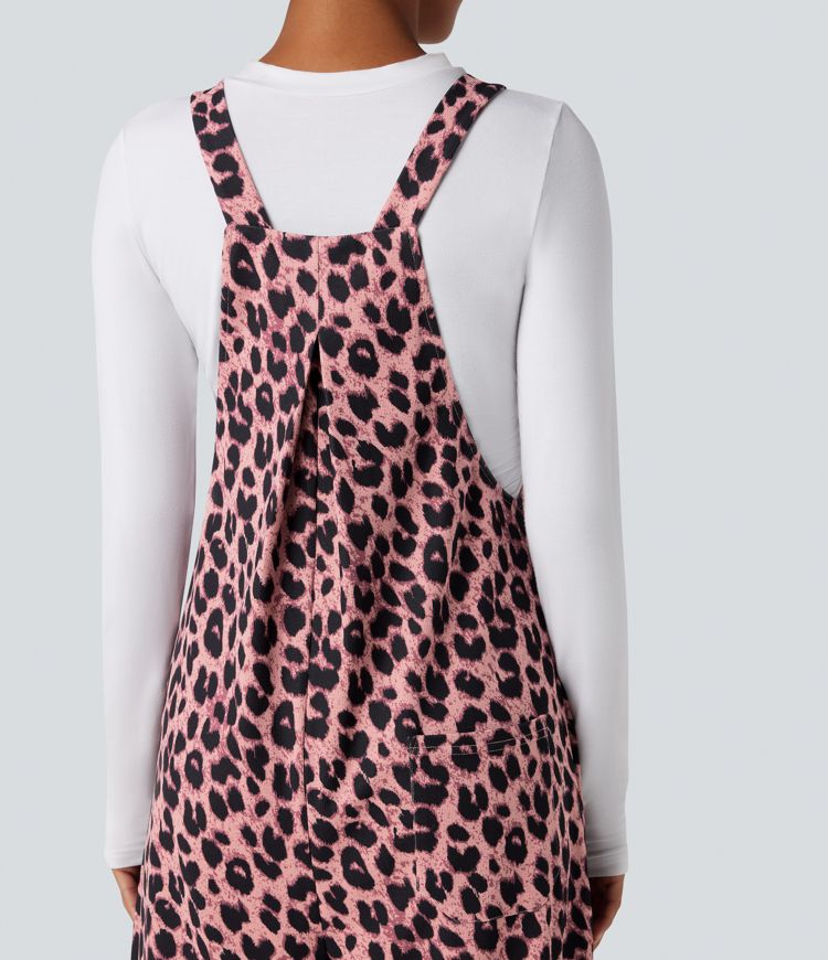 Leopard Print Waffle Women Casual Overalls with Pockets