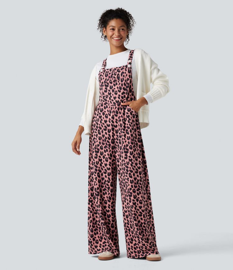 Leopard Print Waffle Women Casual Overalls with Pockets