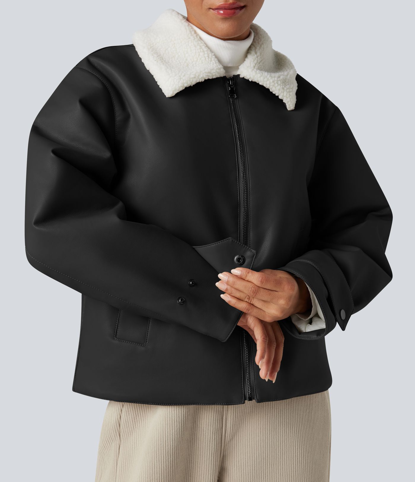 Long Sleeve Zipper Casual Sherpa Faux Leather Jacket with Pockets