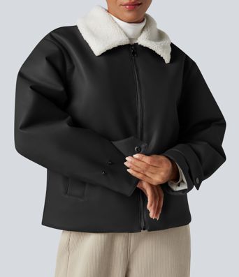 Long Sleeve Zipper Casual Sherpa Faux Leather Jacket with Pockets