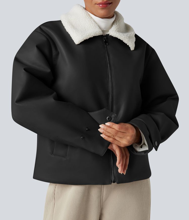 Long Sleeve Zipper Casual Sherpa Faux Leather Jacket with Pockets