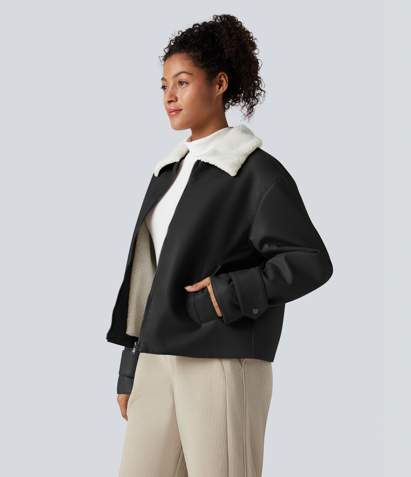 Long Sleeve Zipper Casual Sherpa Faux Leather Jacket with Pockets