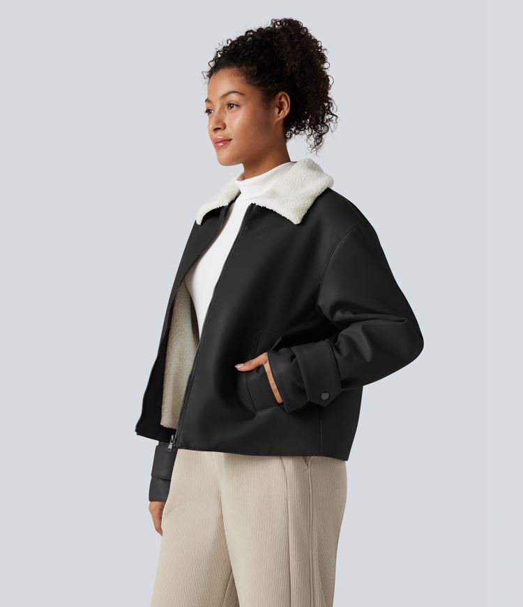 Long Sleeve Zipper Casual Sherpa Faux Leather Jacket with Pockets